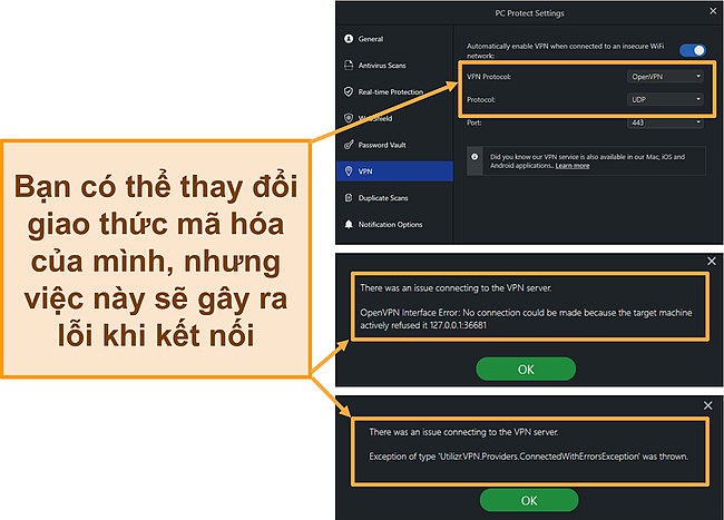 Ảnh chụp màn hình về các lỗi VPN duyệt web an toàn của PC Protect và các giao thức mã hóa.