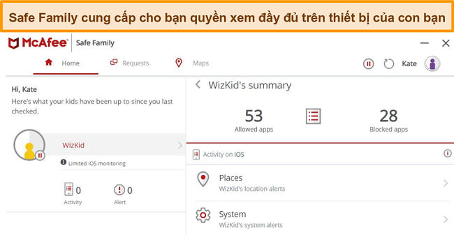 Ảnh chụp màn hình tính năng kiểm soát của phụ huynh McAfee Safe Family được liên kết với iPhone