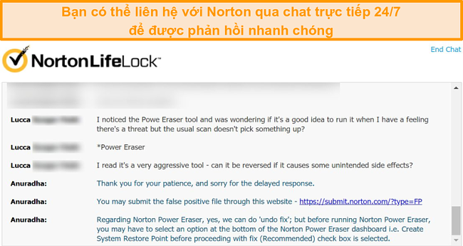 Ảnh chụp màn hình cuộc trò chuyện với nhân viên hỗ trợ khách hàng Norton qua trò chuyện trực tiếp.
