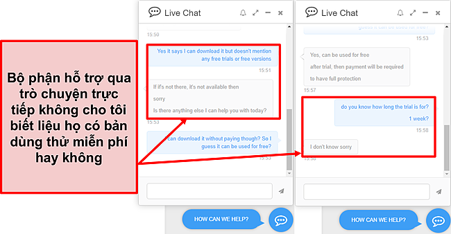 Ảnh chụp màn hình về việc nhóm hỗ trợ của PC Protect không cho tôi biết liệu có bản dùng thử miễn phí nào được cung cấp hay không và nếu có thì thời gian dùng thử là bao lâu.
