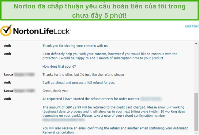 Ảnh chụp màn hình nhận tiền hoàn lại qua cuộc trò chuyện trực tiếp của Norton.