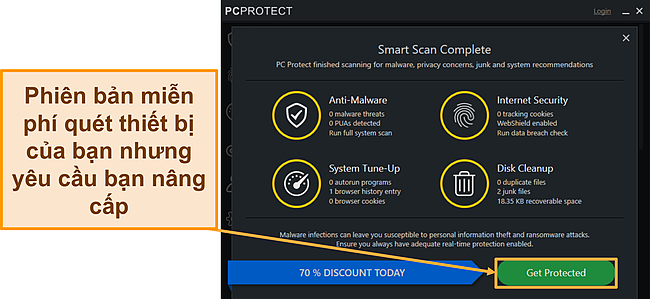 Ảnh chụp màn hình của PC Protect phiên bản miễn phí đang chạy quét trước khi yêu cầu bạn nâng cấp.