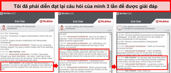 Ảnh chụp màn hình cuộc trò chuyện trực tiếp McAfee đang cố gắng giải quyết một câu hỏi kỹ thuật