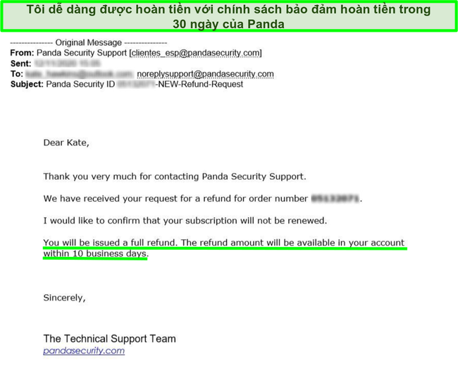 Email hiển thị khoản tiền hoàn lại đầy đủ đã được Panda antivirus phê duyệt với đảm bảo hoàn tiền trong 30 ngày.