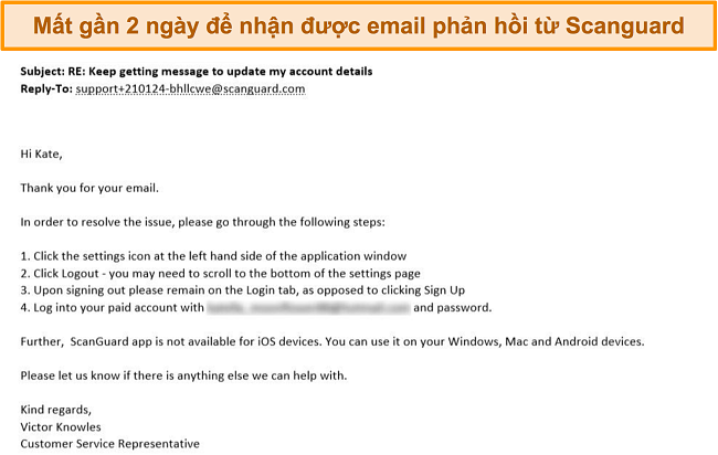 Ảnh chụp màn hình phản hồi email hỗ trợ khách hàng từ Scanguard.