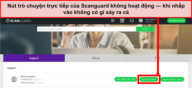 Ảnh chụp màn hình trang web hỗ trợ của Scanguard với nút Live Chat được đánh dấu.