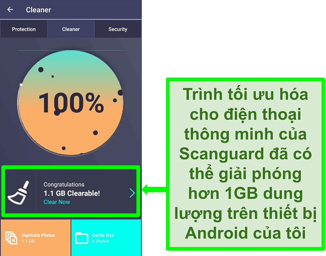 Ảnh chụp màn hình tính năng Scanguard's Cleaner trên Android xóa hơn 1GB ảnh trùng lặp.