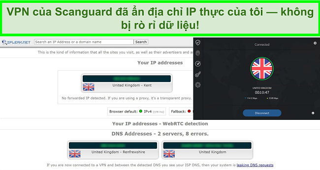 Ảnh chụp màn hình VPN của Scanguard và kiểm tra rò rỉ IP cho thấy không có rò rỉ dữ liệu.