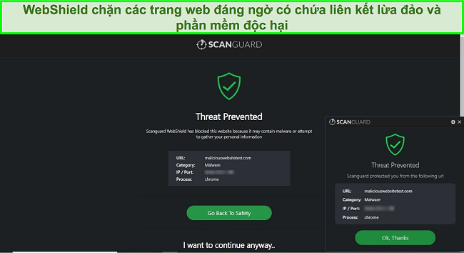 Ảnh chụp màn hình tính năng WebShield của Scanguard chặn quyền truy cập vào trang web kiểm tra phần mềm độc hại.