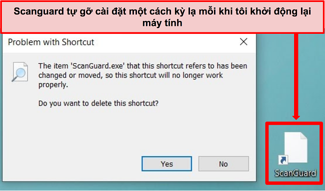 Ảnh chụp màn hình phím tắt bị hỏng của Scanguard trên PC Windows.