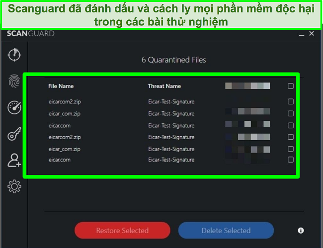 Ảnh chụp màn hình vùng cách ly của Scanguard với nhiều tệp kiểm tra phần mềm độc hại.