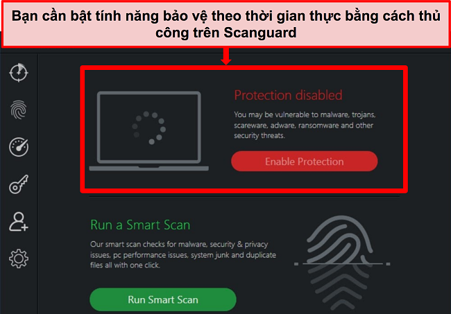 Ảnh chụp màn hình ứng dụng chống vi-rút của Scanguard với tính năng bảo vệ thời gian thực bị tắt.