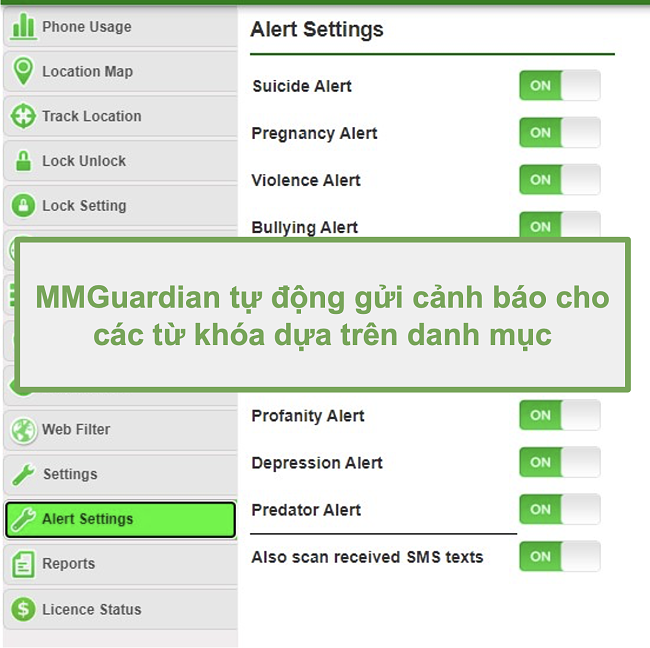 Ảnh chụp màn hình MMGuardian tự động gửi cảnh báo cho các từ khóa dựa trên danh mục