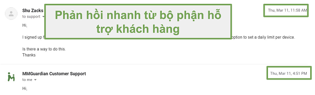 Ảnh chụp màn hình phản hồi nhanh từ bộ phận hỗ trợ khách hàng