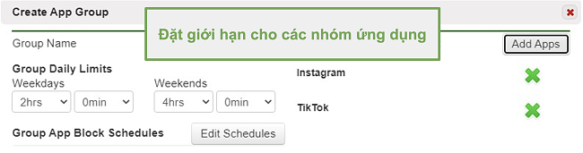 Ảnh chụp màn hình về việc đặt giới hạn trên các nhóm ứng dụng