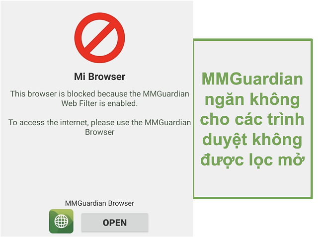 Ảnh chụp màn hình của MMGuardian ngăn các trình duyệt không được lọc mở