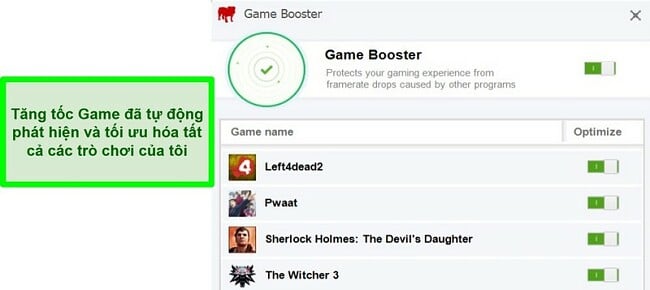 Ảnh chụp màn hình về tính năng Game Booster của BullGuard với danh sách các trò chơi được tối ưu hóa tự động