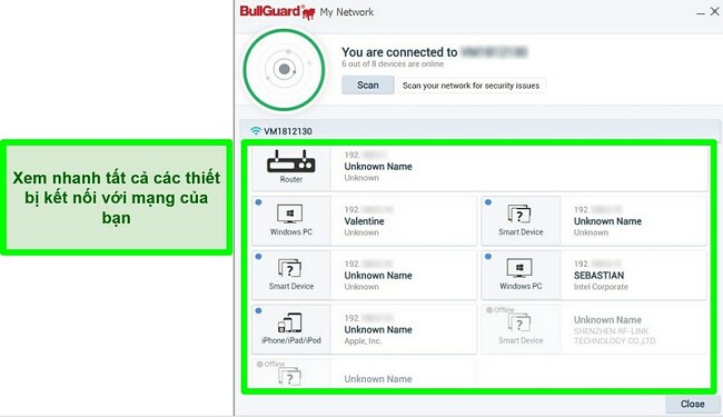 Ảnh chụp màn hình Máy quét mạng của BullGuard và các thiết bị được kết nối tích cực với mạng.