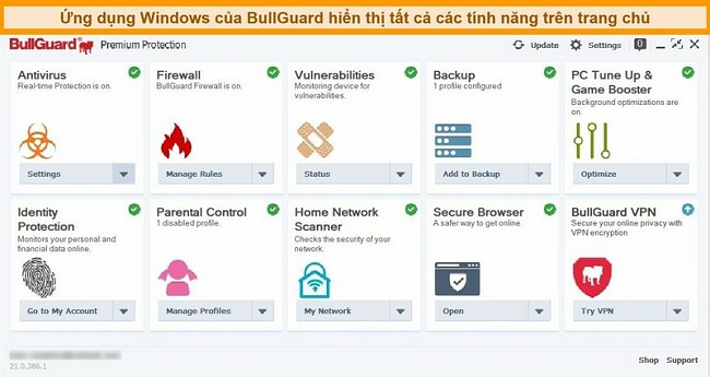 Ảnh chụp màn hình giao diện chính của BullGuard khi nó xuất hiện trên Windows.