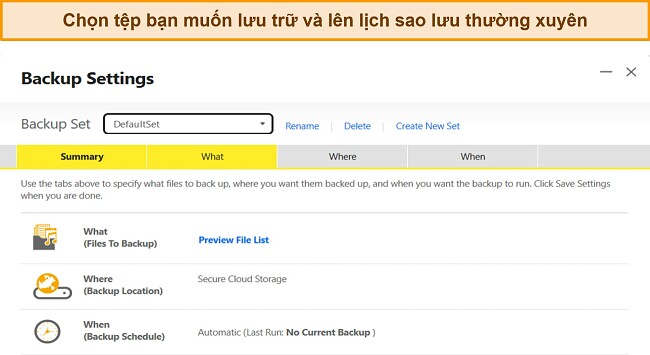 Ảnh chụp màn hình tính năng Backup Settings của Norton trên Windows.