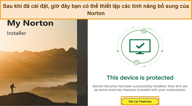Ảnh chụp màn hình giao diện của Norton sau khi cài đặt xong, với điểm nhấn tập trung vào nút 