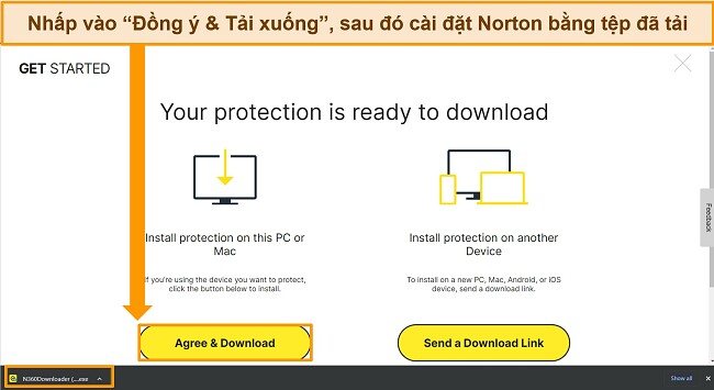 Ảnh chụp màn hình của trang web Đồng ý & Tải xuống Norton, làm nổi bật tệp cài đặt.