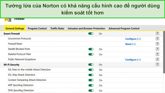 Ảnh chụp màn hình cài đặt Tường lửa của Norton cho thấy mức độ tùy biến cao.