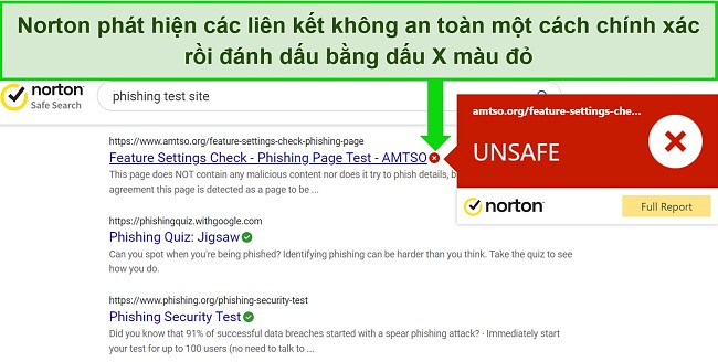 Ảnh chụp màn hình phần mở rộng trình duyệt Tìm kiếm An toàn của Norton phát hiện chính xác các URL an toàn và không an toàn