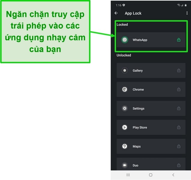 Ảnh chụp màn hình hiển thị tính năng Khóa ứng dụng trên ứng dụng Android của TotalAV