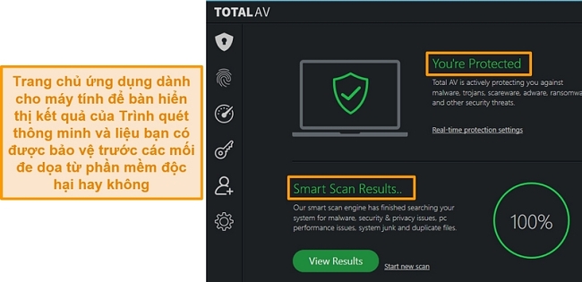 Ảnh chụp màn hình hiển thị trang chủ ứng dụng của TotalAV trên Windows