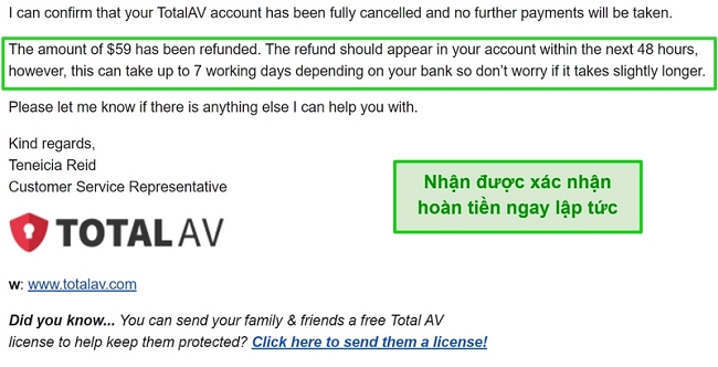 Ảnh chụp màn hình email xác nhận hoàn tiền của TotalAV