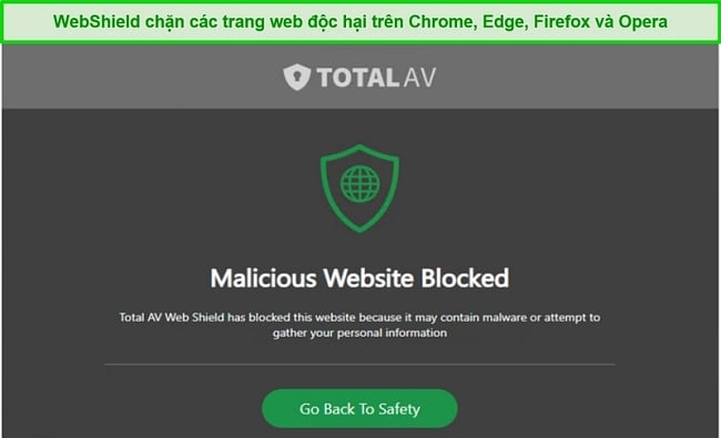Ảnh chụp màn hình WebShield của TotalAV chặn truy cập vào một trang web độc hại