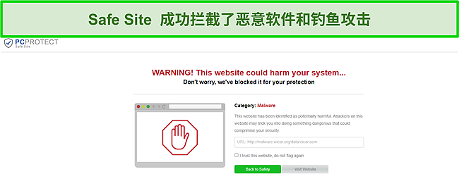 PC Protect 的安全站点成功阻止恶意软件尝试的屏幕截图。