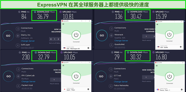 连接到不同服务器和 Ookla 速度测试的 ExpressVPN 屏幕截图