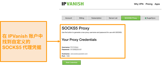 IPVanish 免费 SOCKS5 代理服务器凭据的屏幕截图在网站上