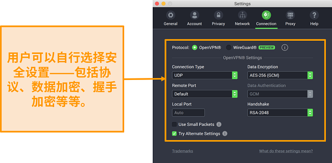 私人互联网访问VPN及其 Mac 应用显示连接选项卡的自定义选项的屏幕截图