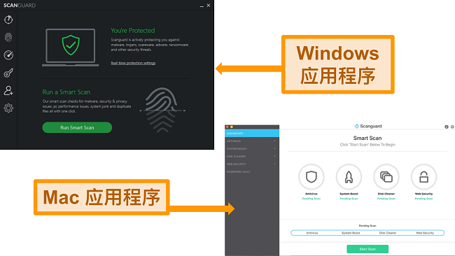 Scanguard 的 Windows 和 Mac 界面的屏幕截图。