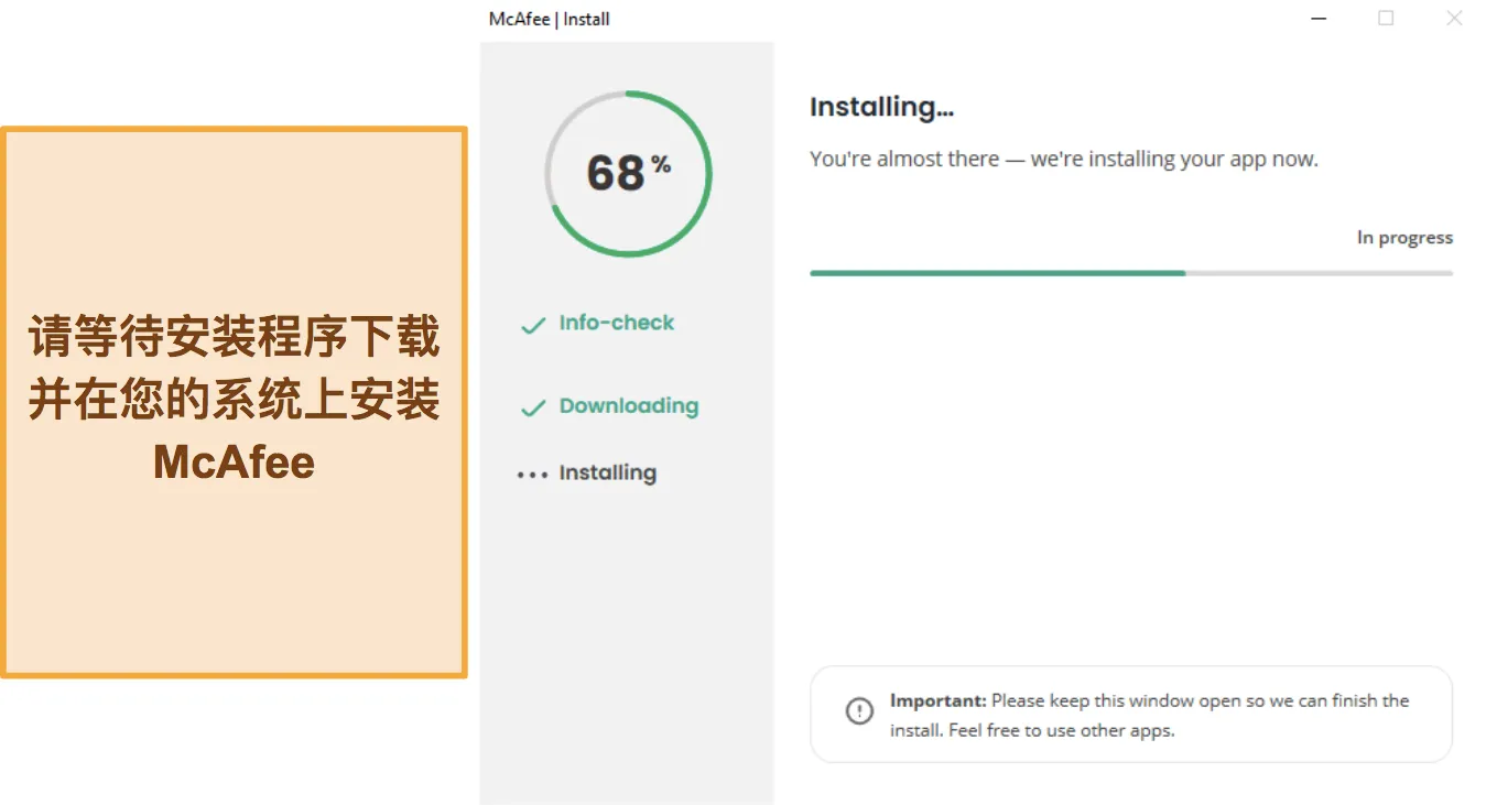 屏幕截图显示了 McAfee 的安装正在进行中。