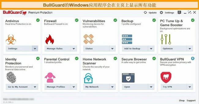 Windows上出现的BullGuard主界面的屏幕截图。