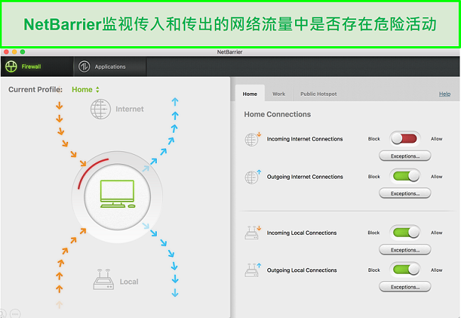 Intego NetBarrier用户界面保护输入和输出网络流量的屏幕截图