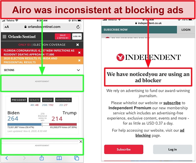Screenshot showing Airo ad blocker managed to stop ads on some websites but not other