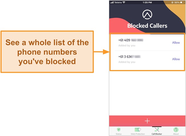 Screenshot of Airo app with call blocking feature allowing user to see full list of blocked numbers