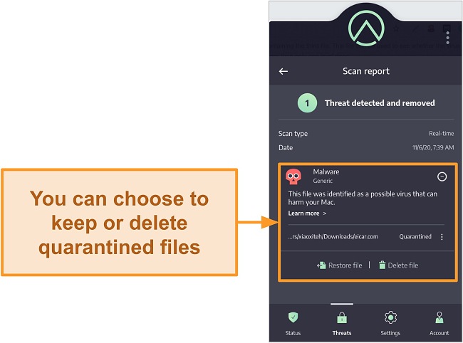 Screenshot of Airo's quarantined files with the option to delete or restore