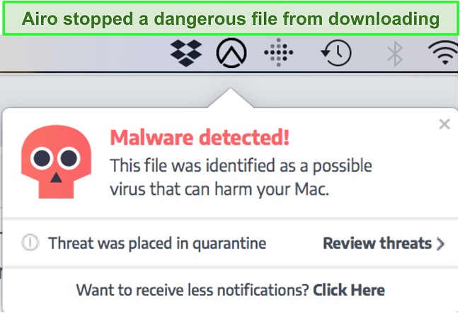 Screenshot of pop-up sent by Airo showing that a file with malware has been blocked from downloading