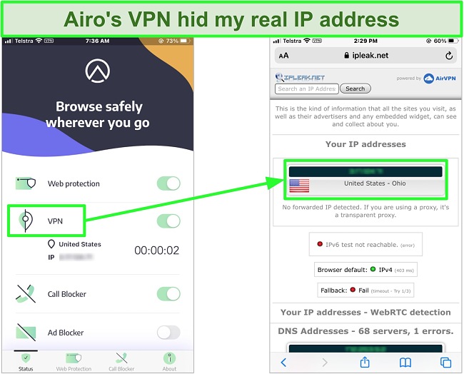 Screenshot of IP test showing Airo successfully hid my IP address