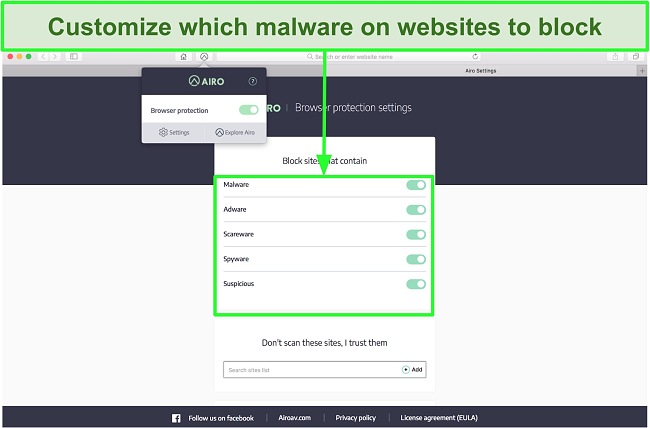 Screenshot of Airo's web protection settings which lets you choose what type of malware to block
