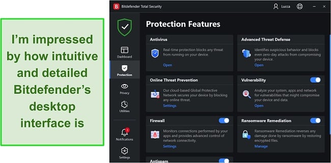 Screenshot of Bitdefender's Windows app user interface