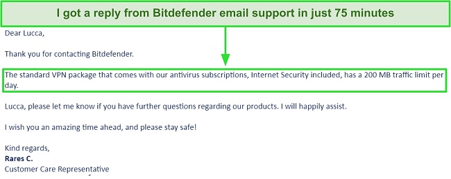 Screenshot of a support email from Bitdefender.