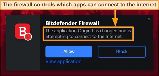 Screenshot of Bitdefender's firewall detecting an app trying to go online without authorization