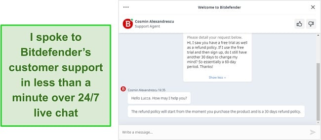 Screenshot of a live chat conversation with a Bitdefender support agent.